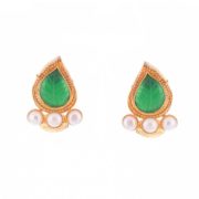 Green Carved Leaf Pearl Studs